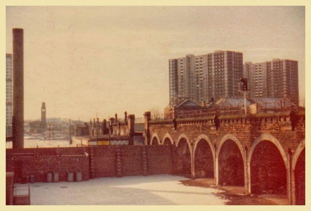 Author’s own photograph of the ‘exotic view from my college cabin window.’ Shows bridge and tower blocks.

