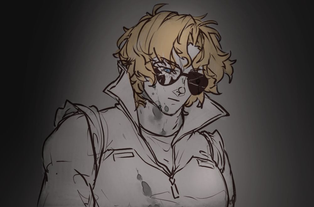 Quattro, expression blank, spattered in blood, looks down at the figure.