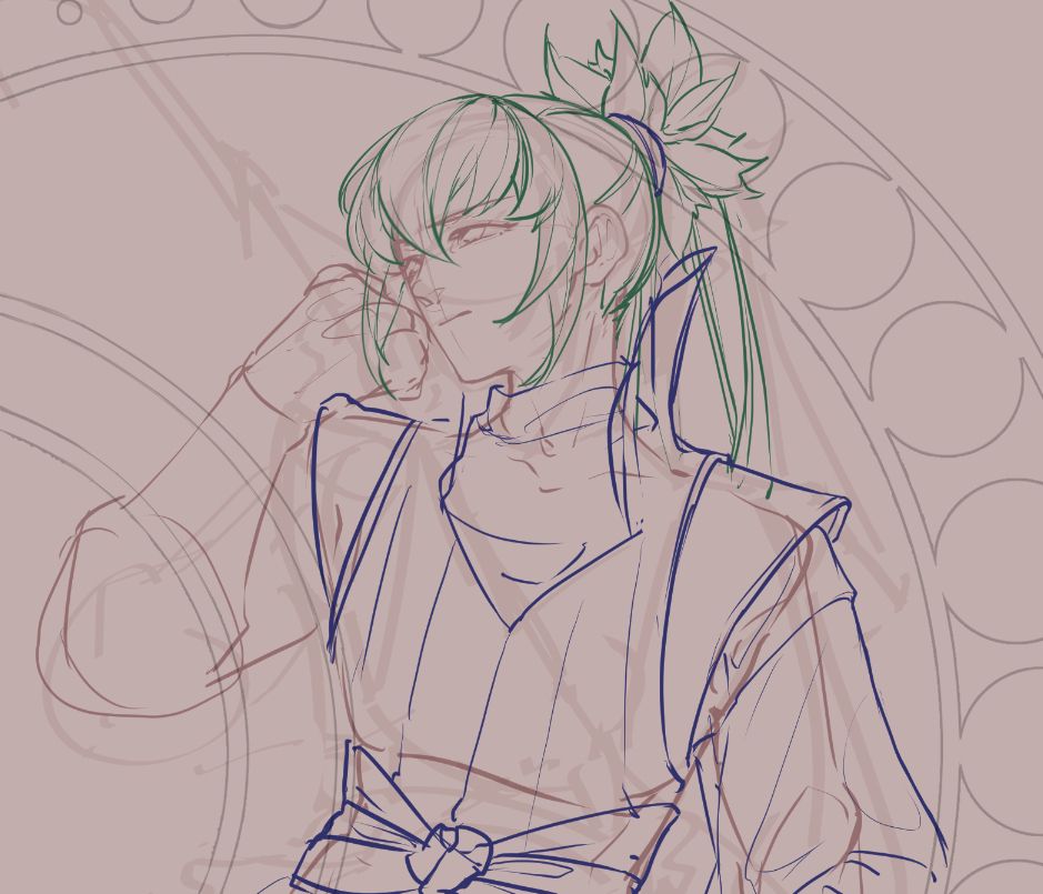 Sketch of Takumi; the pose is static, and his expression troubled.