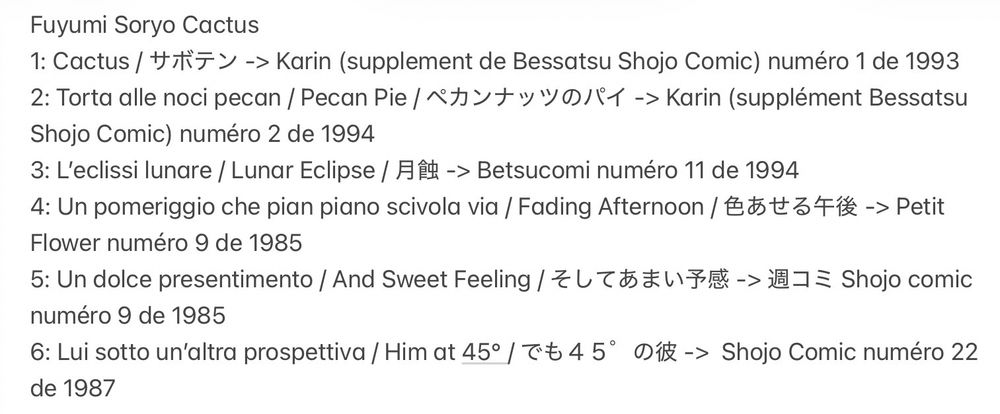 Magazines de pré-publication et années pour chaque histoire. Une galère à trouver mais dieu merci pour: https://www.meiji.ac.jp/manga/yonezawa_lib/puff_mangalist.html