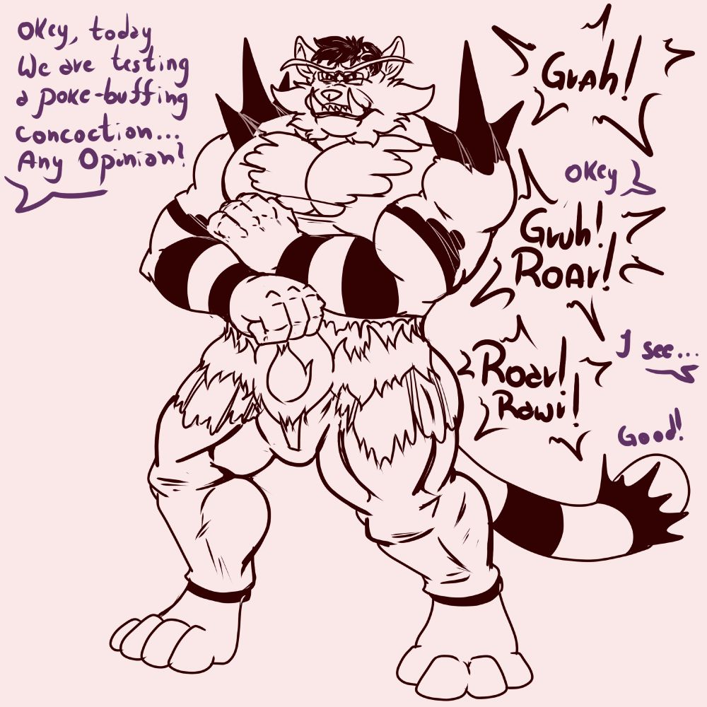 Lucky is still testing with different drinks and preparation, since Avelican special day was getting close Lucky's offered the chance to taste a Buffing concoction to help him tone it down. 
Lucky preparation did what he expected, Avelican started to grow bigger, getting more thickier and Muscular. The shift caused his body to cover on more fur and their toned muscles starting to press and dig against their clothes.
Lucky was eager to get the potion's opinion and started to ask Avelican his Opinion, while Avelican was only able to talk in Poke-speech Lucky was able to understand well~ After all, He have being a Pokemon Before!