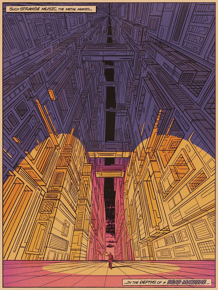 An illustration in a vintage comic book style of a man wandering a vast, cavernous metal building. The only light comes from his torch, and the text panels say: 'Such strange music the metal makes... in the depths of a dead machine'