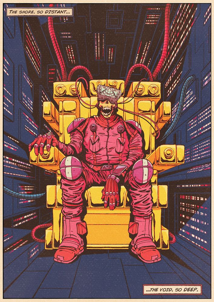An illustration in a vintage comic book style of the skeletal remains of an astronaut or pilot, sitting in a golden throne, situated in a small room that looks almost like a server room. Over his eyes is something like a VR headset. The text panels say: 'The Shore, so distant... The void, so deep.' 