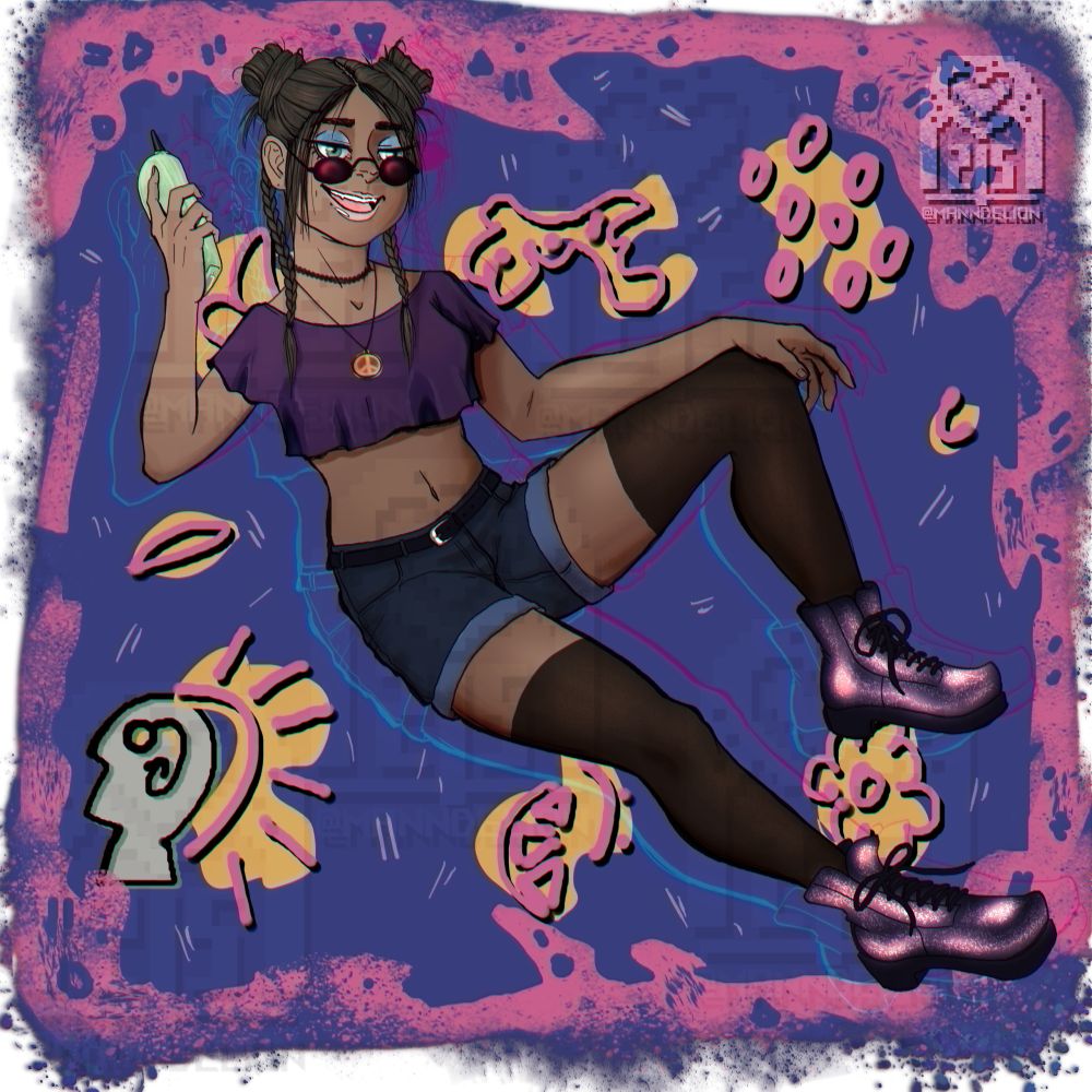 lineart of a girl in a reclined position, talking on a cordless phone. she has buns and pigtail braids in a 90's style, small round black glasses, a crop top, jean shirts, and boots