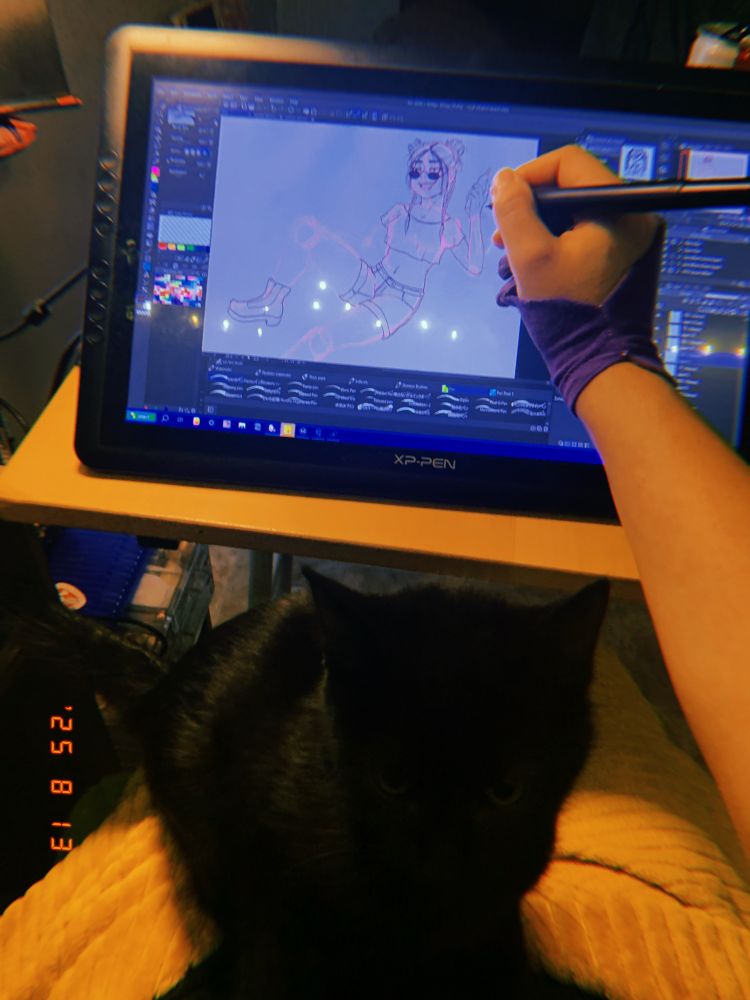 A black cat in my lap and a view of a graphic tablet running CSP with a character sketch on the screen 