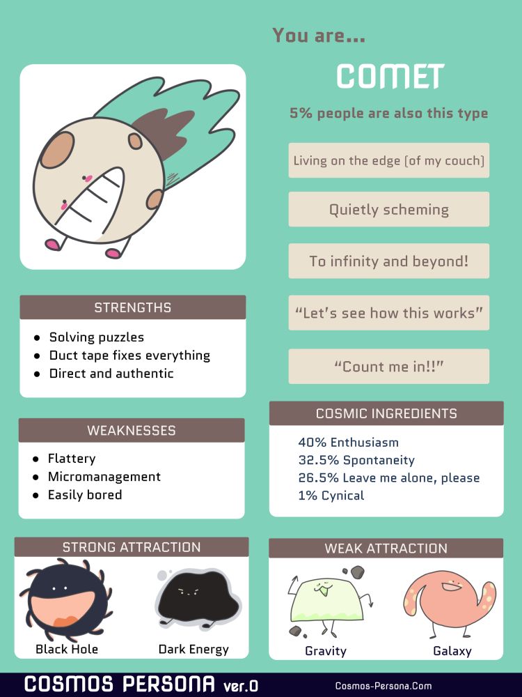 You are The Cosmic Engineer
You're the master of understanding and manipulating the physical laws of the universe. Like a rogue asteroid charting its own path, you move through the cosmos with independence and adaptability. Your hands-on approach to cosmic problems makes you an excellent troubleshooter in crisis situations.