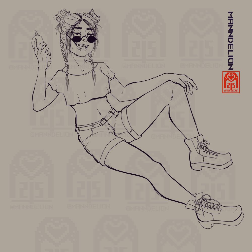 lineart of a girl in a reclined position, talking on a cordless phone. she has buns and pigtail braids in a 90's style, small round black glasses, a crop top, jean shirts, and boots