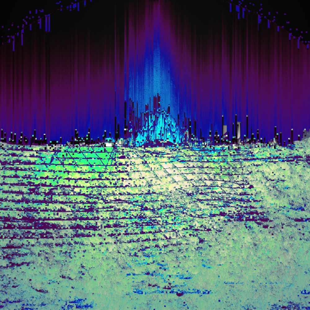 Distorted image, generated glitch art (not ai), depicting a barren wasteland in greenish tones under a dark purple night sky. There is the outline of a city on the horizon, it is glowing blue and casting streaks of light upwards like an artificial aurora.