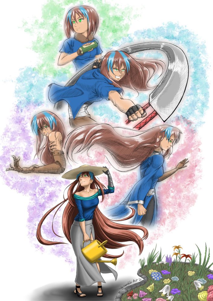 A grown woman, Hiyori, stands at the bottom of the frame, hair flowing, wearing a sun hat and holding a watering can, and standing before her flower bed. Her outfit is a blue off-shoulder 3/4-sleeve shirt, and a grey, side-buttoned slit maxi skirt, and black sandals. Her hair is calf-length, brunette, with light-blue thick streaks flanking her bangs. Her eyes bright green and pupil-less. She looks off to the left, reflecting upon her years with a relaxed smile. Above her, 4 images of her past self. 

Bottom-right: A sullen expression as she looks at the wedding ring on her prosthetic arm.

Bottom-left: A pained expression as she attempts to move the prosthetic arm, shortly after she first received it.

Top-middle: A teenage girl. A defiant expression, teeth gritted, holding forward an enormous ring-sword that she has wrapped around herself

Top: A young teenager. An expression that is both peaceful and hopeful. She holds a sealing scroll, which reflects her most refined skill. She looks off to the left, much the same way as her adult self