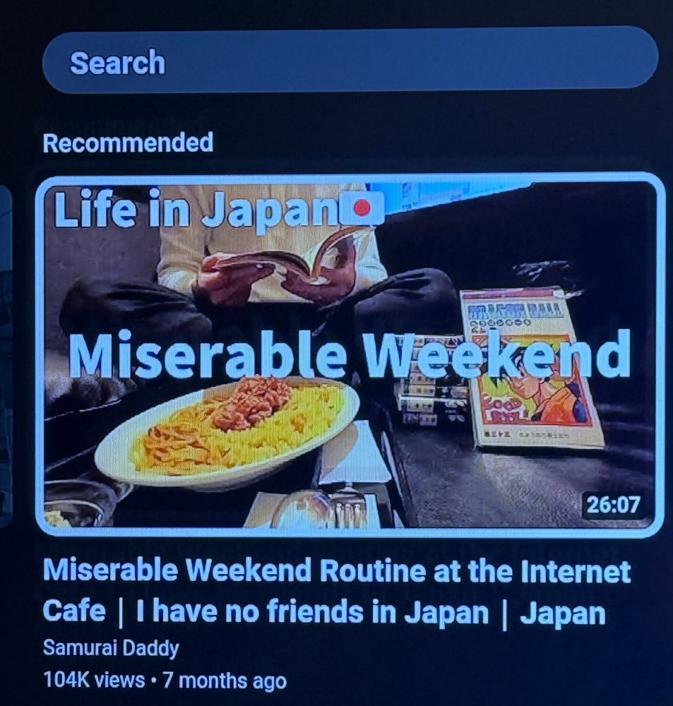 A picture of part of a YouTube screen. The Search bar is at the top. Beneath that is the word “Recommended.” Beneath that is a still of a skinny man reading a book with more books (manga) next to him and a plate of sad looking rice, noodles, and some kind of meat. The captions on the picture say Life in Japan🇯🇵 
Miserable Weekend
The title is: Miserable Weekend Routine at the Internet Cafe | I have no friends in Japan | Japan
The account is named Samurai Daddy
It has 104k views and was uploaded 7 months ago.