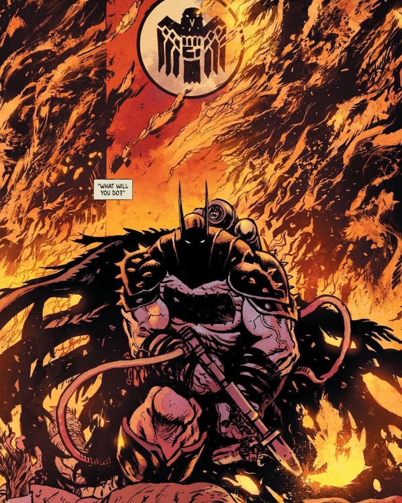 Absolute Batman, a beefy Batman with a fat bat sign on the chest, tattered cape, and spiked shoulders. He’s holding a flamethrower and surrounded by the burning remnants of a white supremacist cell with an eagle prominent at the top of the panel. The caption says, “What will you do?”