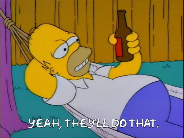 Homer Simpson in a hammock looking at a beer and smiling. The caption reads, “Yeah, they’ll do that.”