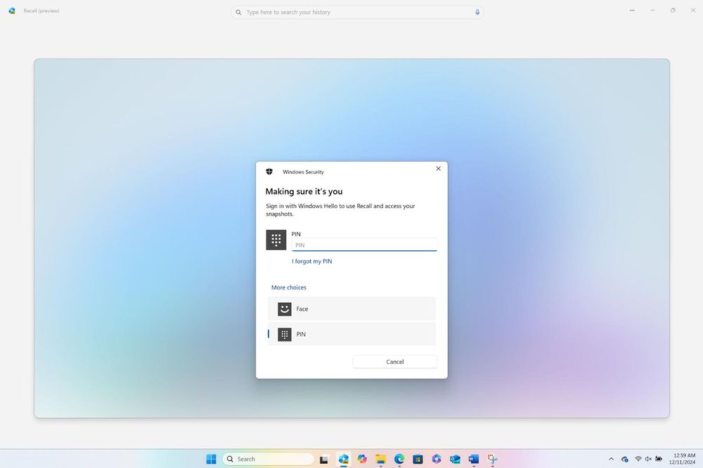 Windows Hello 認証は、ユーザーに Recall スナップショットへのアクセスを安全に保護するよう促します