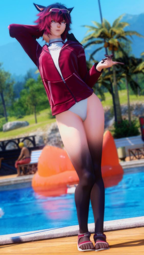 A picture of Alhya in their summer outfit, posing for the camera in front of a pool. A blue sky and some palm trees can be seen behind them.