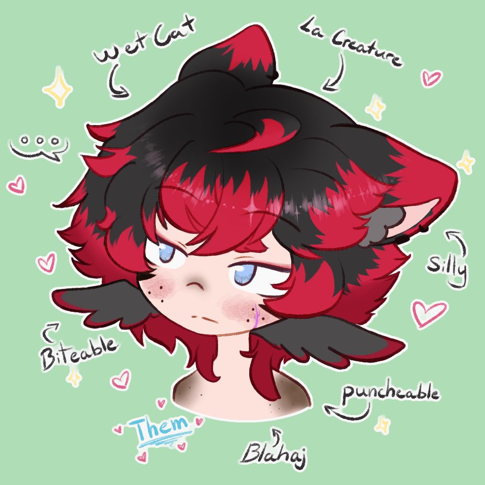 A colored doodle of Alhya from the shoulders up. Various words are written around them, such as “Wet cat”, “La Creature”, “Silly”, “Punchable”, “Blahaj”, “Them”, and “Biteable”.