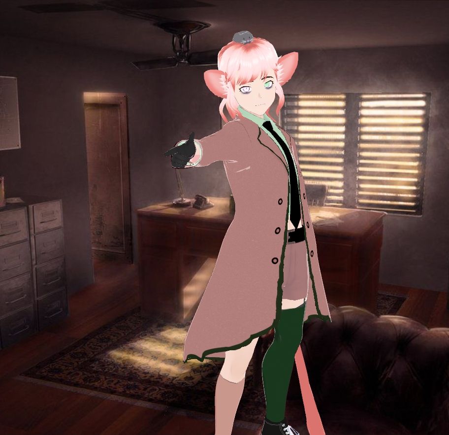 Cat boy dressed in a trench coat, tie, and short suit pants, points at the camera. He still has a mouse on his head.