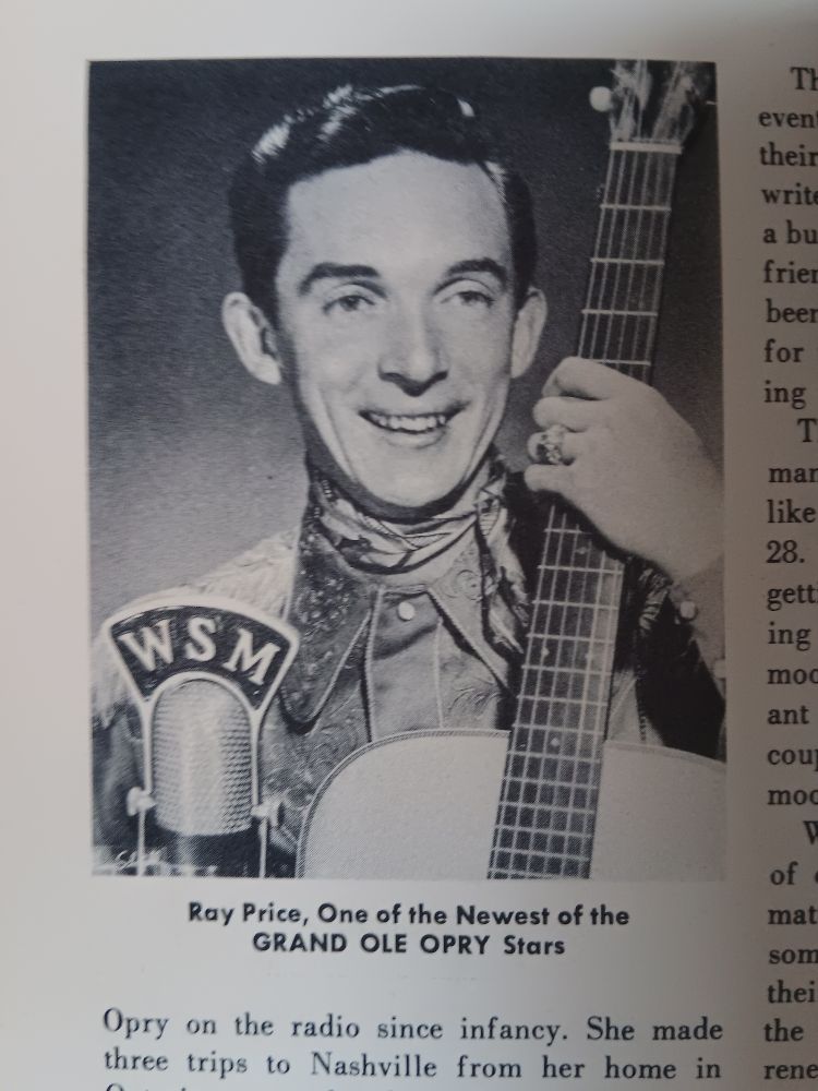 A photo of country singer Ray Price smiling behind a WSM radio network microphone and holding his guitar. The caption reads 'Ray Price, One of the Newest of the GRAND OLE OPRY Stars'