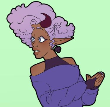 A woman with a lavender afro, tied on one side, curved horns, and a spade earing. She has a dark purple undershirt, and an indigo sweater on top. Her skin is an almond tone and she has rounded features. Her eyes are a light blue/purple. Her nails are painted a light lavender. She looks mildly perturbed.  