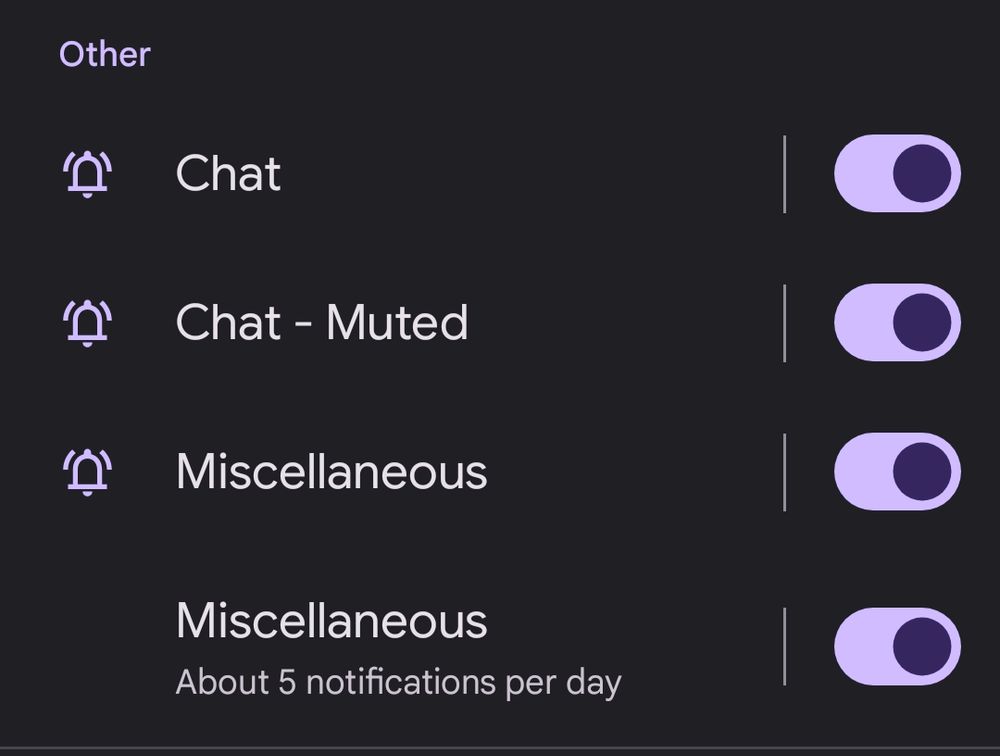 android notification settings for bluesky showing only "chat" "chat - muted" and "miscellaneous" as categories 
