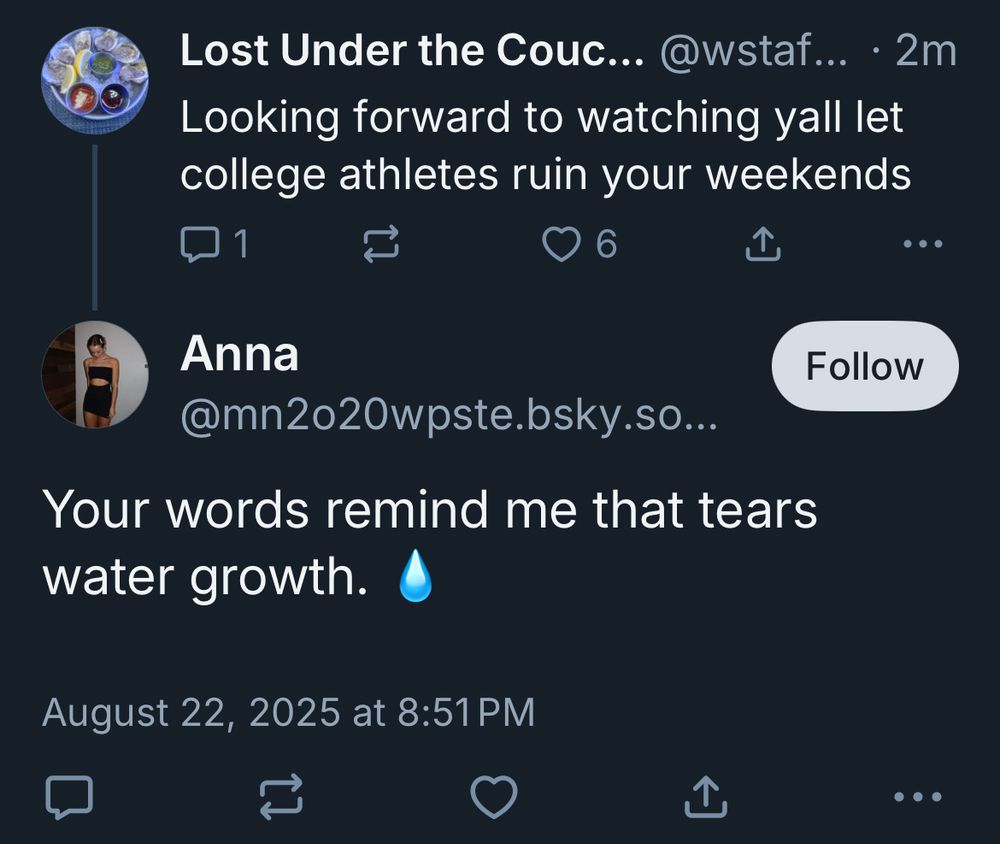 In response to my skeet “Looking forward to watching yall let college athletes ruin your weekends,” a bot says “Your words remind me that tears water growth.”