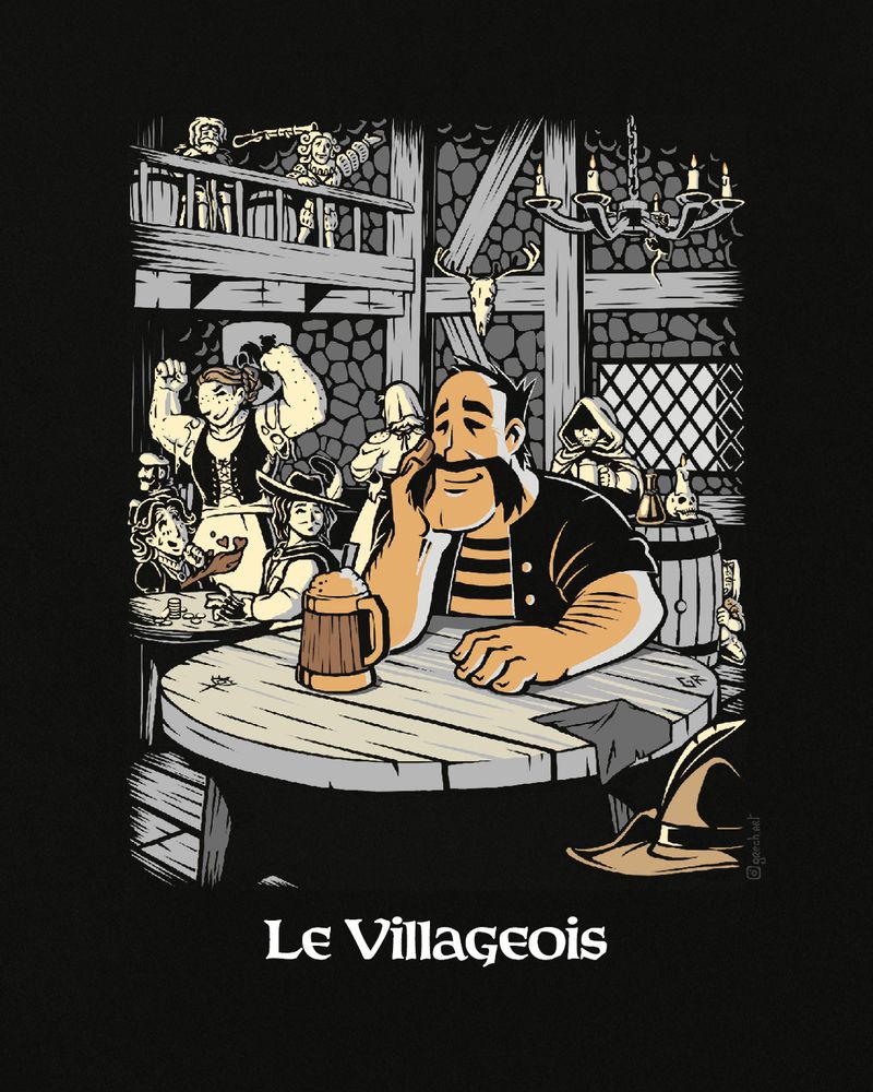 Illustration inspirée de la linogravure, avec des nuances d’ocre (jaune-orangé) et de gris, le tout sur un fond noir.

On y voit le Villageois, assis à une table de la taverne de Thiercelieux, avec une chope de bière. Entouré par d’autres personnages tel que l’Ancien, l’Astrologue, le Joueur de flûte, la Paysanne, la Petite fille et le Voleur (d’autres personnages sont référencés par leur objet, tel que le fusil du Chasseur, la flèche spectrale du Cupidon, le crâne de cerf du Salvateur, la potion de la Sorcière ou encore le crâne ésotérique de la Voyante), le Villageois se démarque par sa banalité. Il rêvasse à sa table en écoutant les aventures de ses compagnons, aspirant à une vie moins ordinaire.
