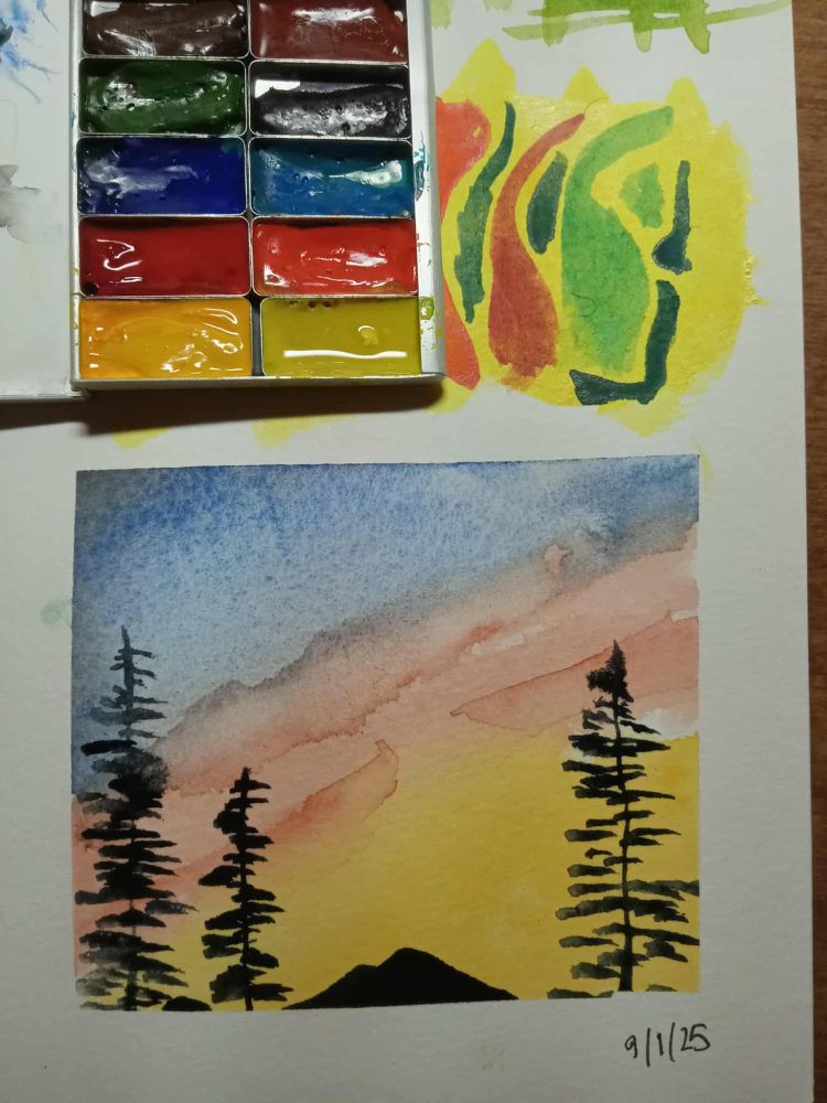 A fanciful sunset scene inspired by a video tutorial in watercolor.