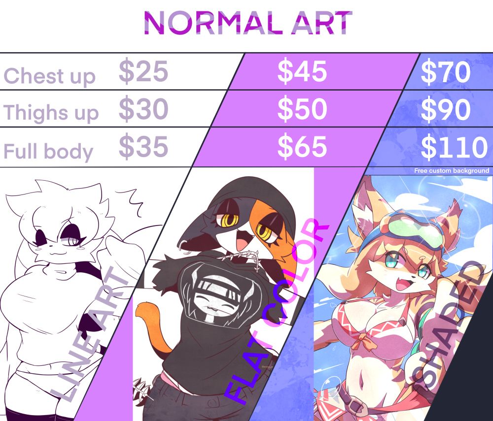 Commission prices in USD: line art 25 for chest up, 30 for thighs up and 35 for full body. Flat color 45 for chest up, 50 for thighs up and 65 for full body. Shaded 70 for chest up, 90 for thighs up and 110 for full body, shaded comes with free background.