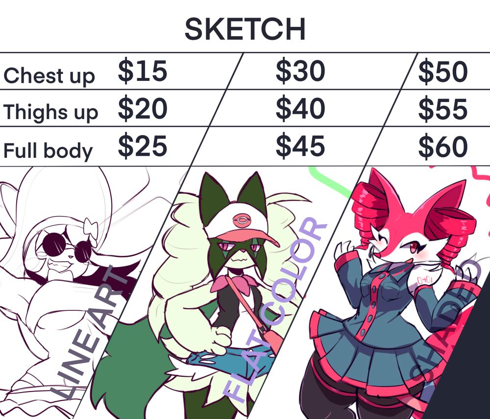 Sketch commission prices in USD: line art 15 for chest up, 20 for thighs up and 25 for full body. Flat color 30 for chest up, 40 for thighs up and 45 for full body. Shaded 50 for chest up, 55 for thighs up and 60 for full body.