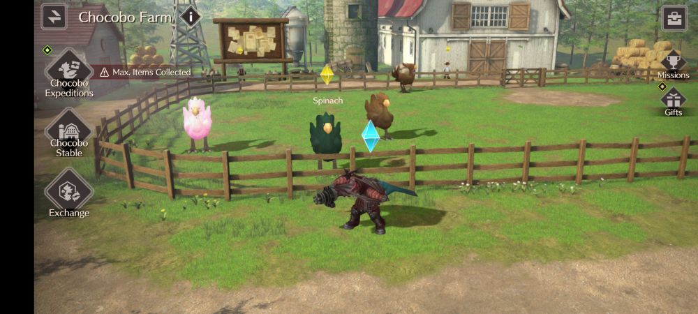 Screenshot from FF7 Ever Crisis showing Barrett in his Dragon King Varvados gear in front of the chocobo paddock. His idle animation is sweeping his gun as if on look out.