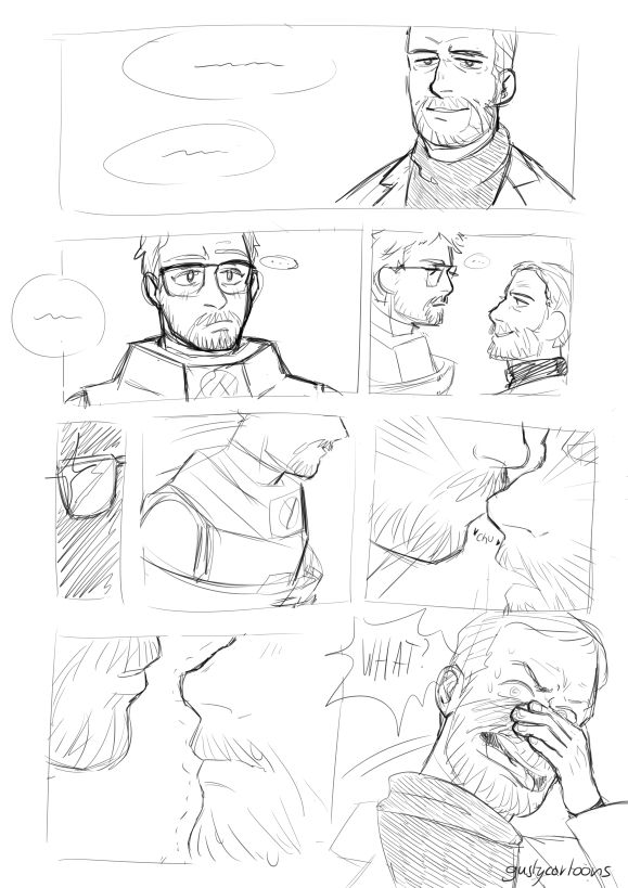 A "Half Life 2" parody comic. Dr. Breen is having a monologue in front of his prisoners Gordon, Eli and Alyx. Gordon isn't really listening, and decides to lean forward to kiss Breen on the nose. Breen flinches backwards holding his nose, completely taken aback. "What?!" he says. His face is blushing intensely.