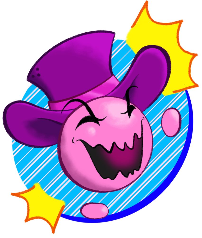 Art of JeremiahReturns' OC, Gumbubble, laughing maniacally in front of an abstract blue background.