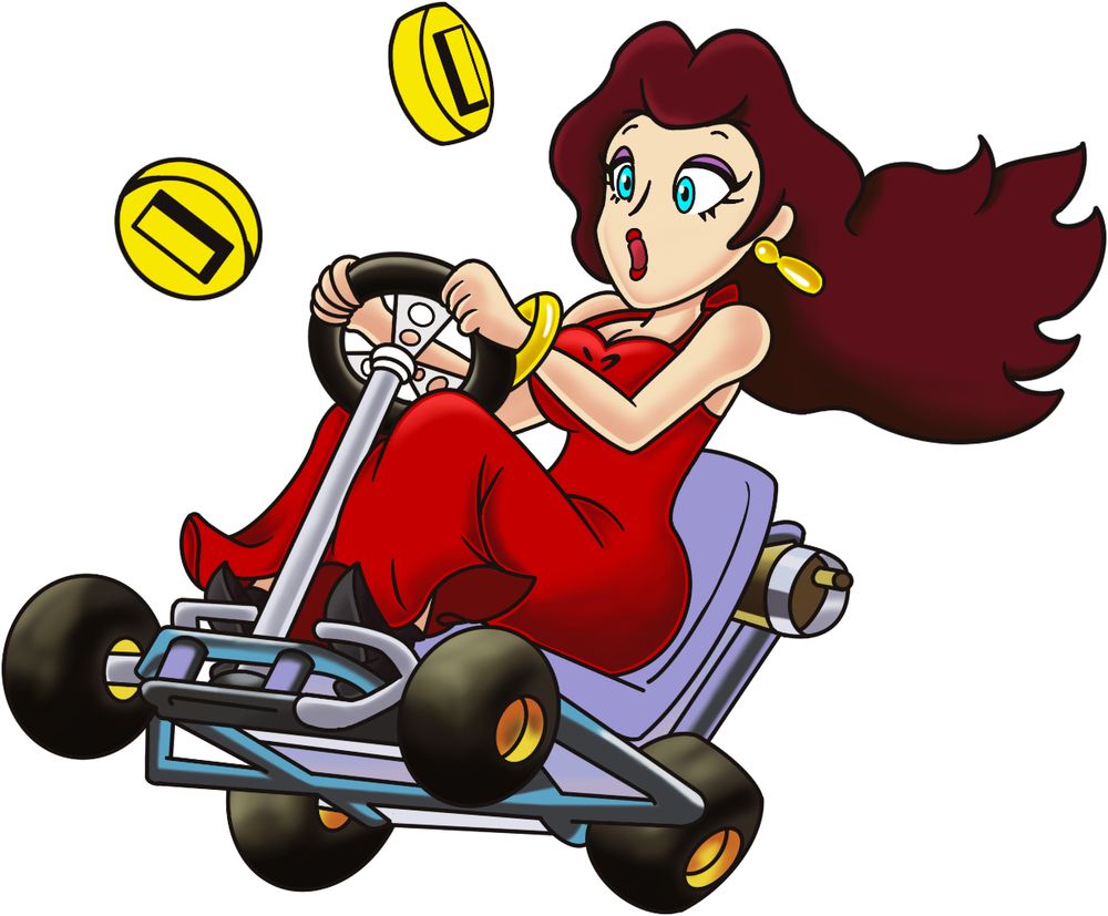 Artwork of Pauline driving a Kart, looking surprised as she seems to be flying through the air! A few coins fly next to her.