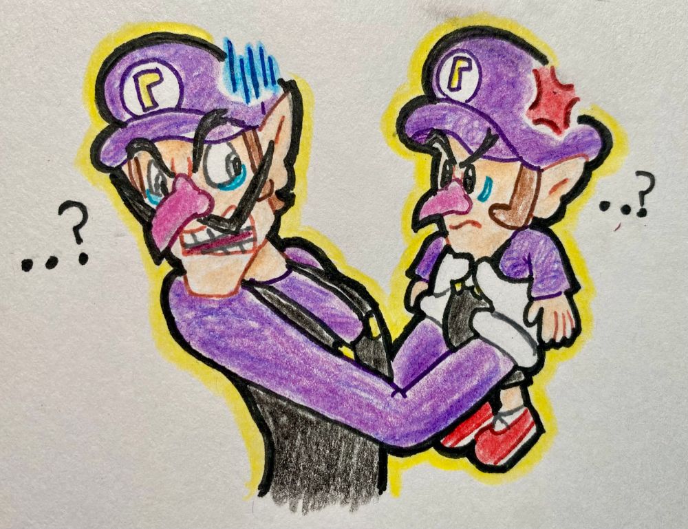 Waluigi holding Baby Waluigi in front of himself, looking confused and somewhat disgusted. Baby Waluigi is hanging limply looking equally as displeased.