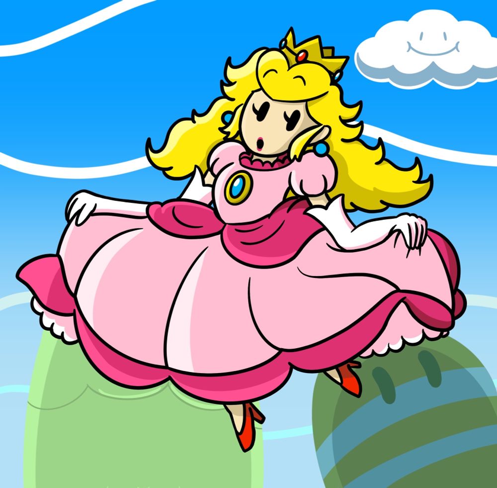 Cartoon image of Peach floating in the air! The background is based on Ladida Plains from Super Princess Peach.