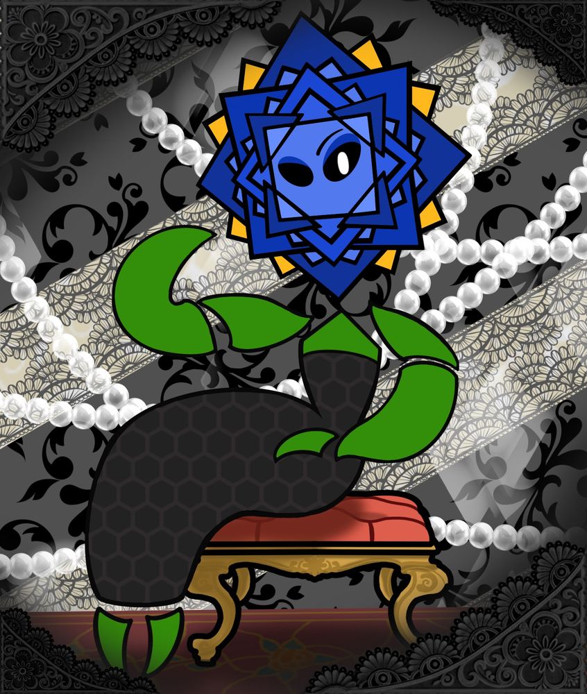 A full body shot of a character named Thorne resembling King Croacus from Super Paper Mario. She has a blue flower for a head and wears a black dress. She's sitting on a stool, with patterns of lace and pearls in the background. 