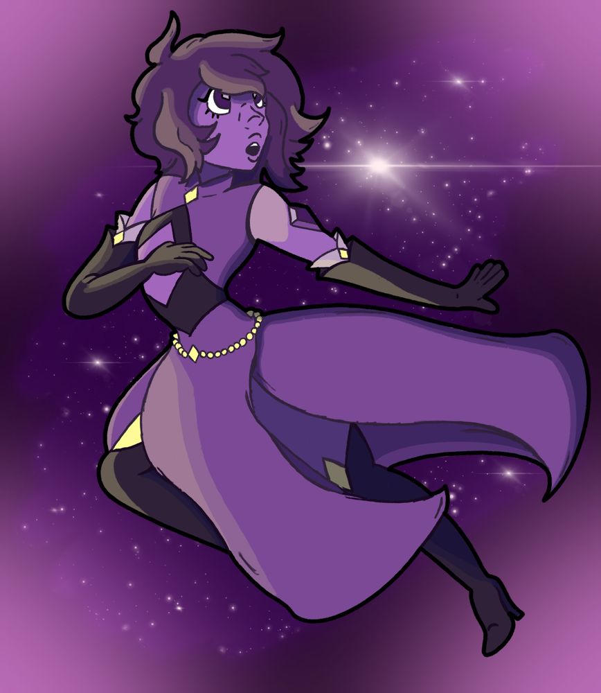 Meatpuzzles' OC, Purple Diamond, leaping with a spacey background.