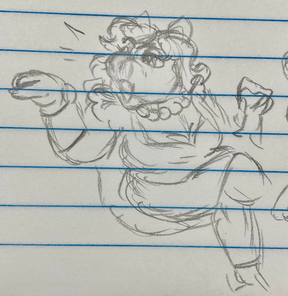 Sketch of Miss Piggy pointing at someone and talking while holding a glass of wine.