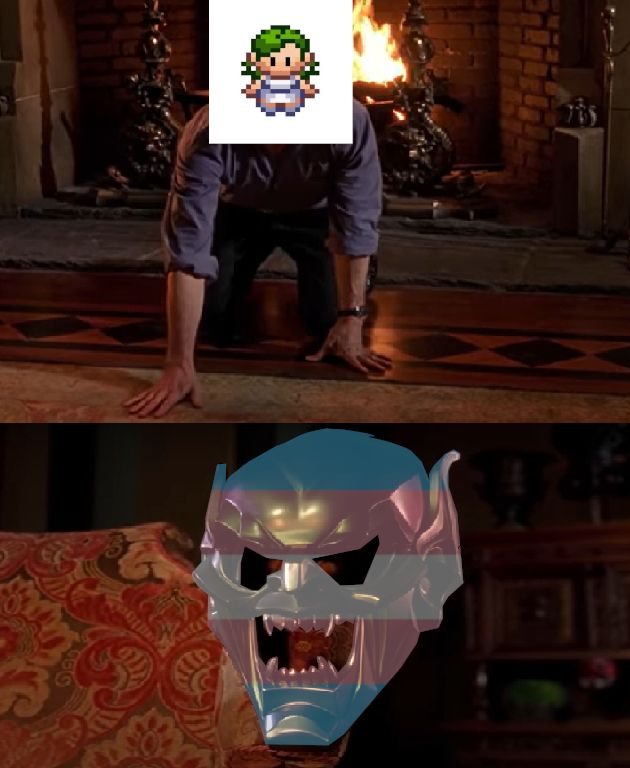 screenshot from the raimi spiderman movies where willem dafoe is on the ground listening to the green goblin mask on his wall, but jux's profile picture is on dafoe's face and the green goblin mask has a trans flag superimposed on it