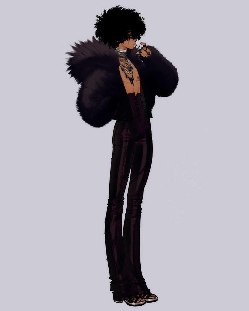 The image displays a drawing of my original character, Wolfric, facing the right of the screen in a semi 3/4 view. He is wearing a cropped dark fur jacket, very high-waisted stitched up dark leather pants, and a black and silver pair of gladiator strap platform heels. He is holding a half smoked cigarette between his lips with his ring adorned hand reaching to grab it. His hair is black and tightly curled, while his skin is a light brown and his various scars, notably his top surgery scars, are visible. He is also wearing a multitude of stacked necklaces, all of which are either black or silver in color with a single one having a red gemstone pendant. His eyes are cast slightly down and sport a smear of black eyeshadow. There are stray flecks of light glitter on the bare light blue background and on the fur of his hood. All of his nails are painted black.