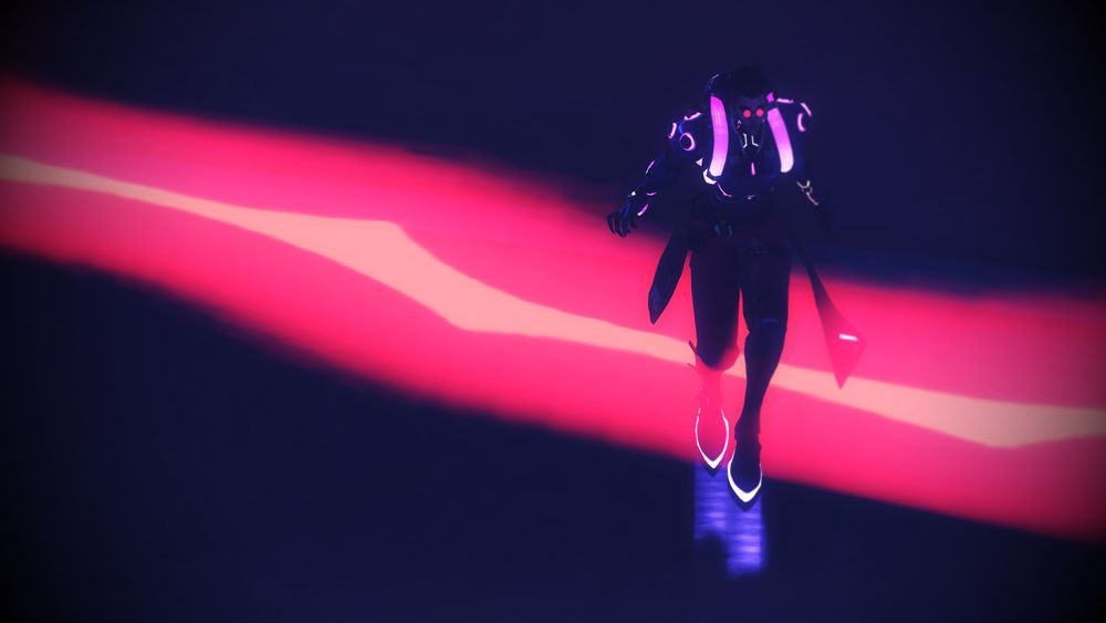 Overwatch 2 screenshot of Moira in her Cyber Scientist cosmetic - a cyberpunk version of her usual coat, with more pink LEDs and tubing, with circular glasses that reflect red in the light, and a red wire running down the side of her head and undercut. She is shot from a distance, running, with her shoes reflecting off the ground, as a streak of red comes across the screen.