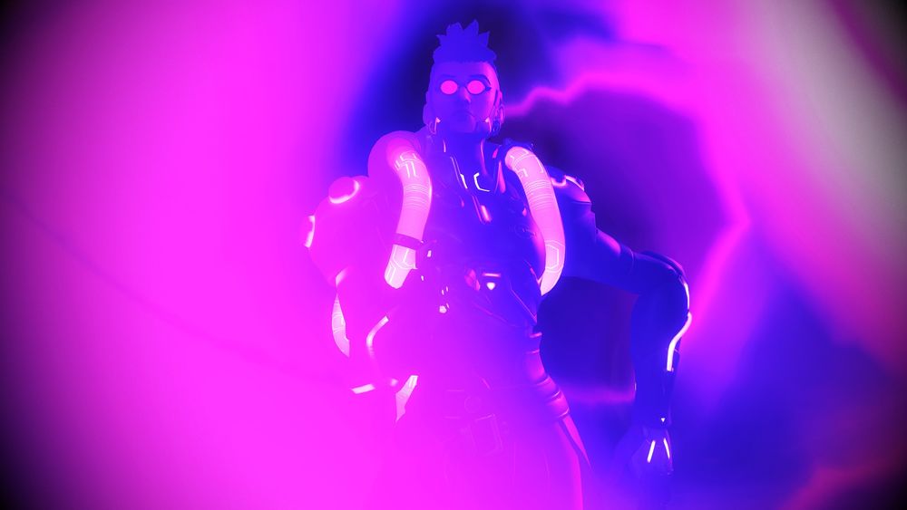 Overwatch 2 screenshot of Moira in her Cyber Scientist cosmetic - a cyberpunk version of her usual coat, with more pink LEDs and tubing, with circular glasses that reflect red in the light, and a red wire running down the side of her head and undercut. She stands proudly in a haze of purple, the color shifting from blue to magenta.
