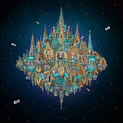 Album cover of Dance Gavin Dance's Pantheon, which is a hand-drawn illustration of a huge floating city that is mirrored both up and down, infinity symbols and the darkness of space and stars behind it.