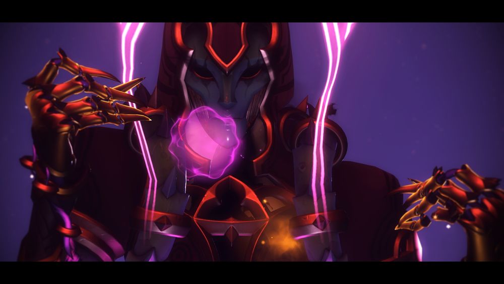 Overwatch 2 screenshot of Moira wearing the Ancient Caller mythic, which is an eldritch-esque mythic armor that includes a hood and long tentacle'd coat, plus clawlike gloves. It is purpley with gold accoutrements and trimming. She is looking at a purple orb floating in her face. 