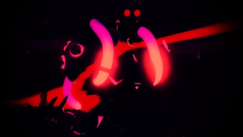 Overwatch 2 screenshot of Moira in her Cyber Scientist cosmetic - a cyberpunk version of her usual coat, with more pink LEDs and tubing, with circular glasses that reflect red in the light, and a red wire running down the side of her head and undercut. The only things visible in the picture are two red circles for her glasses, a red streak behind her and her pink tubing. A hand with claws curls.
