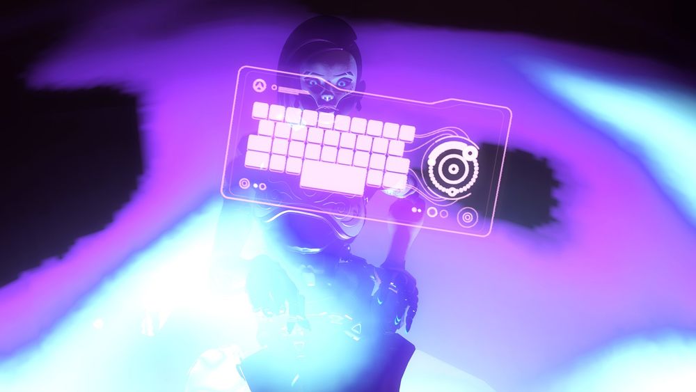 Screenshot of Sombra from Overwatch wearing her Marionette cosmetic. The entire picture is swimming in pink, purple and blue values, and she's standing behind a pink holographic keyboard, with her hand on her hip.
