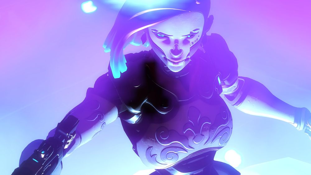 Screenshot of Sombra from Overwatch wearing her Marionette cosmetic. The entire picture is swimming in pink, purple and blue values, and her face is slightly distorted.