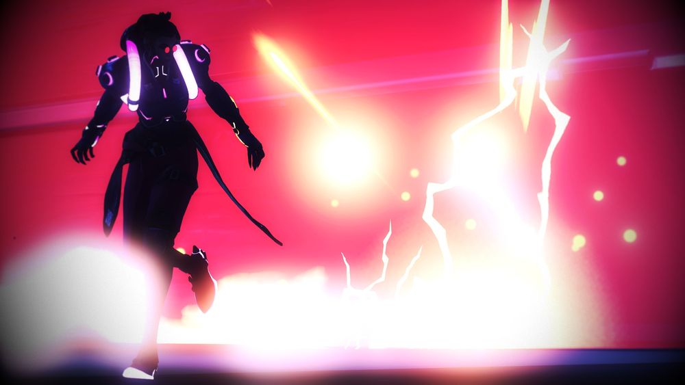 Overwatch 2 screenshot of Moira in her Cyber Scientist cosmetic - a cyberpunk version of her usual coat, with more pink LEDs and tubing, with circular glasses that reflect red in the light, and a red wire running down the side of her head and undercut. She is shot from a distance, running away from a crack of brilliant lightning against a red sky.