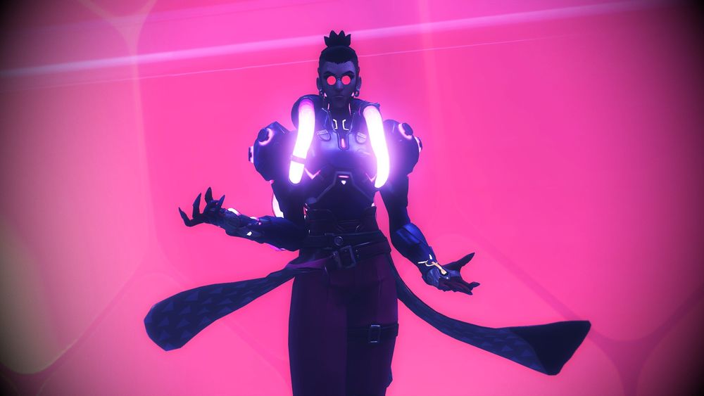 Overwatch 2 screenshot of Moira in her Cyber Scientist cosmetic - a cyberpunk version of her usual coat, with more pink LEDs and tubing, with circular glasses that reflect red in the light, and a red wire running down the side of her head and undercut. She stands in front of a red-pink shield with her long coat flapping outwards as she strides towards the camera menacingly.