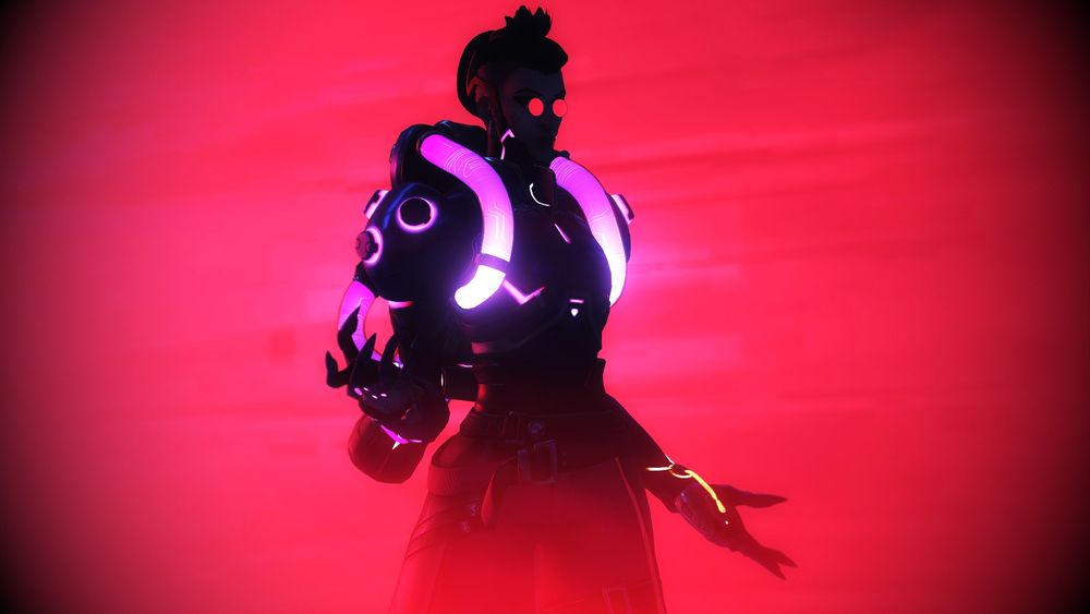 Overwatch 2 screenshot of Moira in her Cyber Scientist cosmetic - a cyberpunk version of her usual coat, with more pink LEDs and tubing, with circular glasses that reflect red in the light, and a red wire running down the side of her head and undercut. The light is dark and red, rolling into her as she stands with her hands out, with only her tubing and glasses lit up.