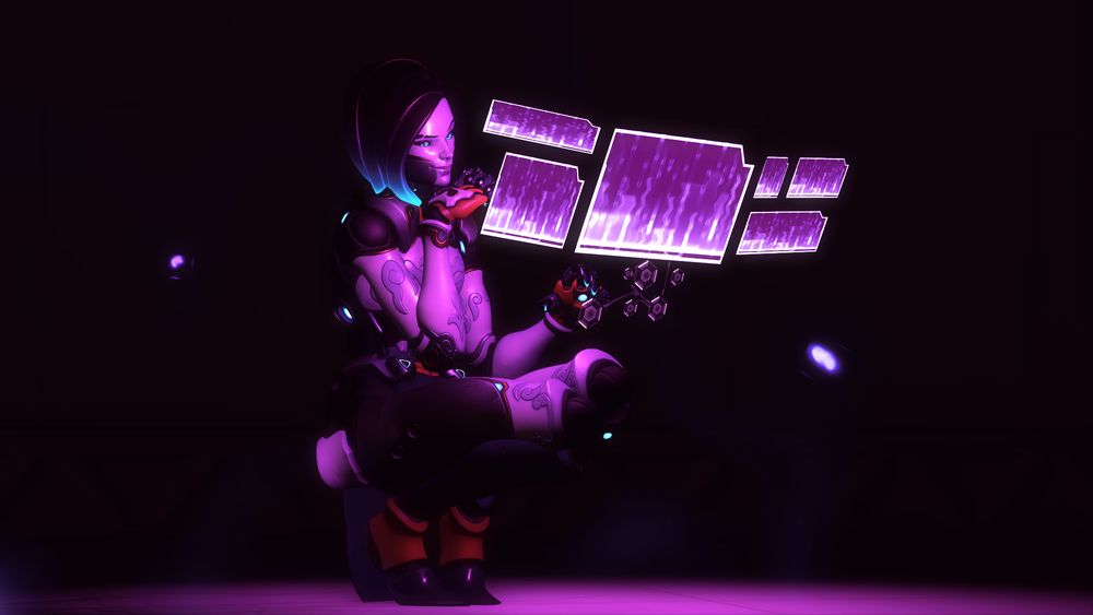 Screenshot of Sombra from Overwatch wearing her Marionette cosmetic. She's sitting on her heels in darkness, with the only light a purple glow coming from holographic computer screens she's manipulating, with a crafty smile on her face.